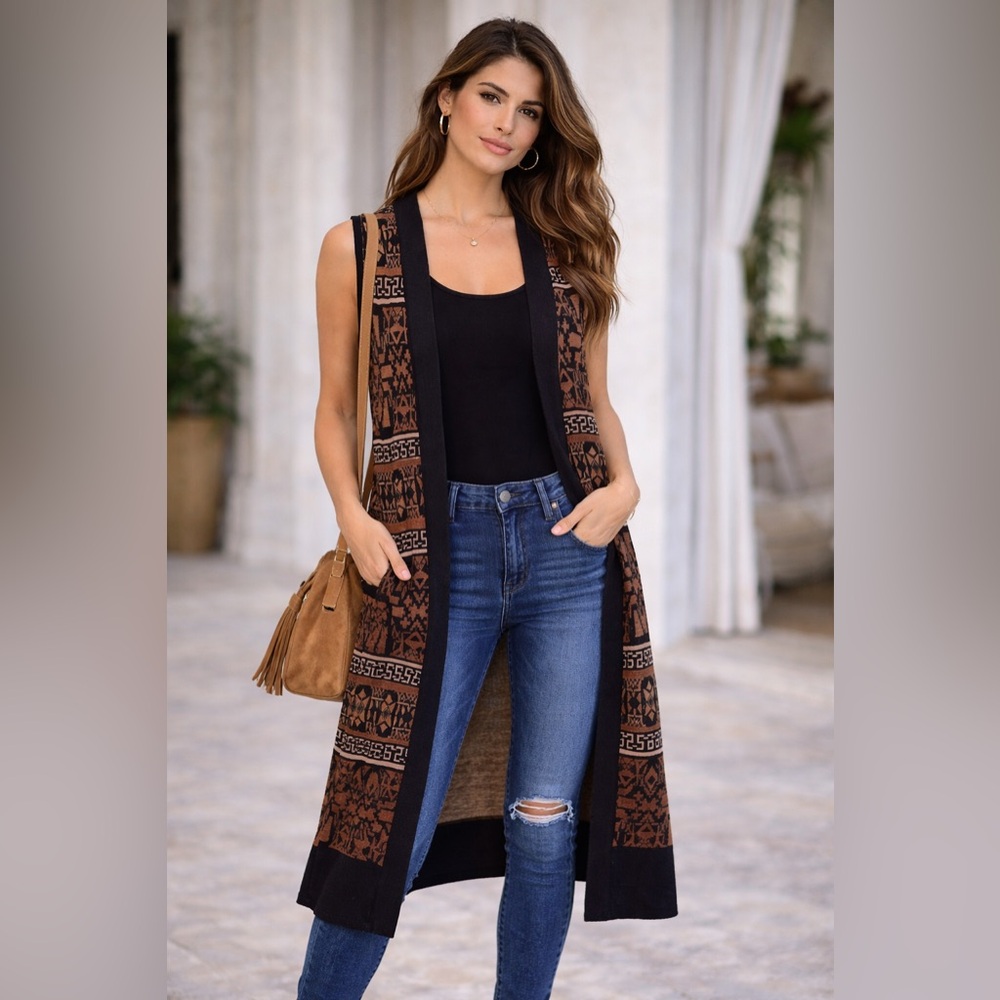 Free People Boho Tribal Long Duster Vest Cardigan | Sleeveless Knit Maxi